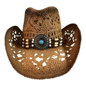Cowboy / Cowgirl Brown Western Straw Hat with Turquoise Accent